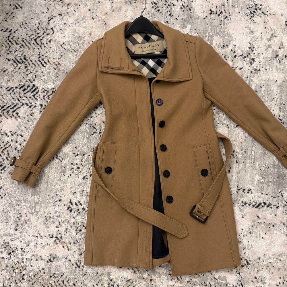 Burberry Camel Tan Wool Blend Trench Coat with Check Lining